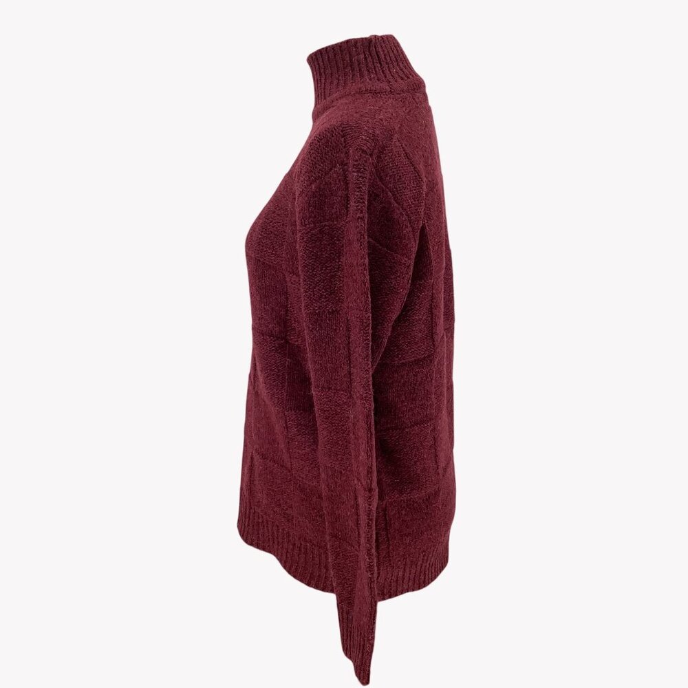 Ann Taylor Womens Burgundy Turtleneck Sweater Petite L Textured Checkered Knit - Picture 3 of 6
